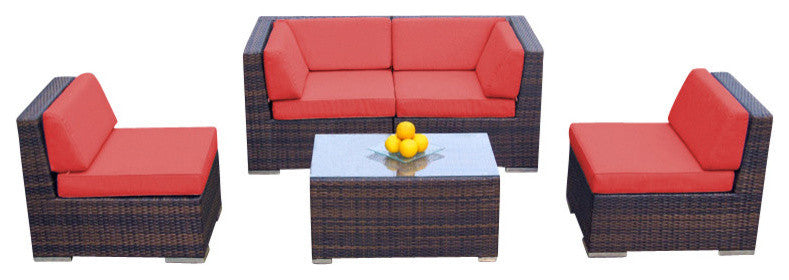 Ohana 5-Piece Deep Seating Sectional Set, Red, Mixed Brown