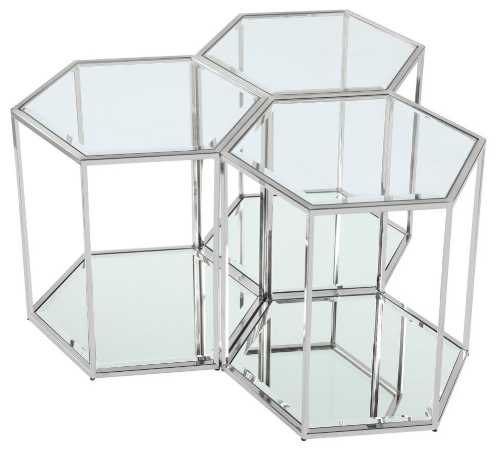 Sei Glass Top End Table with Mirrored Base, Chrome, 3 Piece