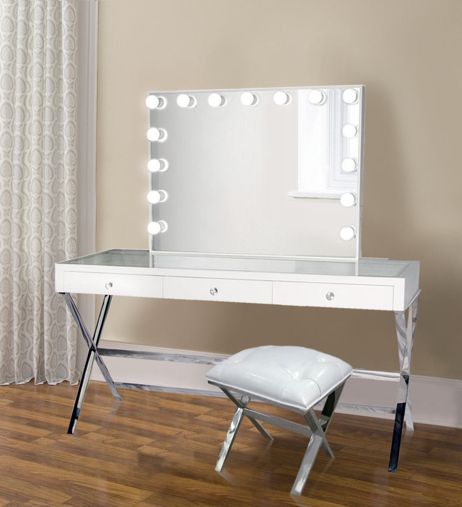 Glam Vanity Mirror With Dimmer, Table and Chair, White