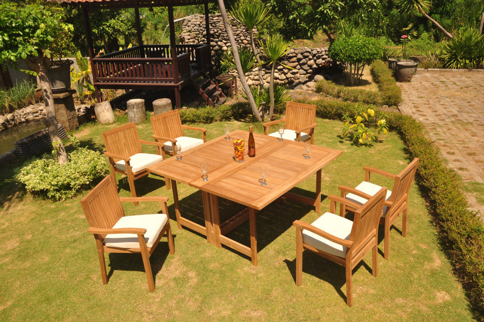 7-Piece Outdoor Teak Set: 60" Square Butterfly Table, 6 Leveb Stacking Arm Chair