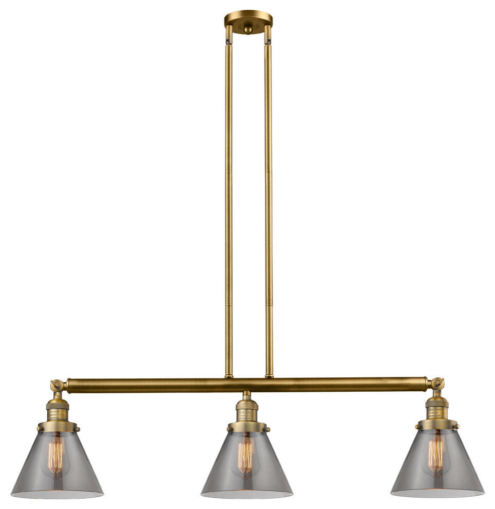 Large Cone 3-Light Island Light, Smoked Glass, Brushed Brass