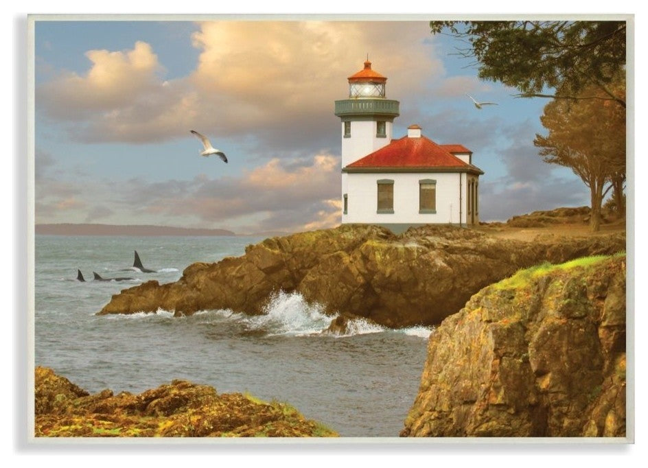 Lime Kiln Cliff Side Ocean Wave Lighthouse, Whale Fins, Wall Plaque, 10"x15"