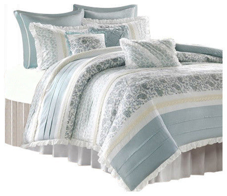 Madison Park Printed-Pieced 9-Piece Duvet Set With Pintuck, Aqua, Queen