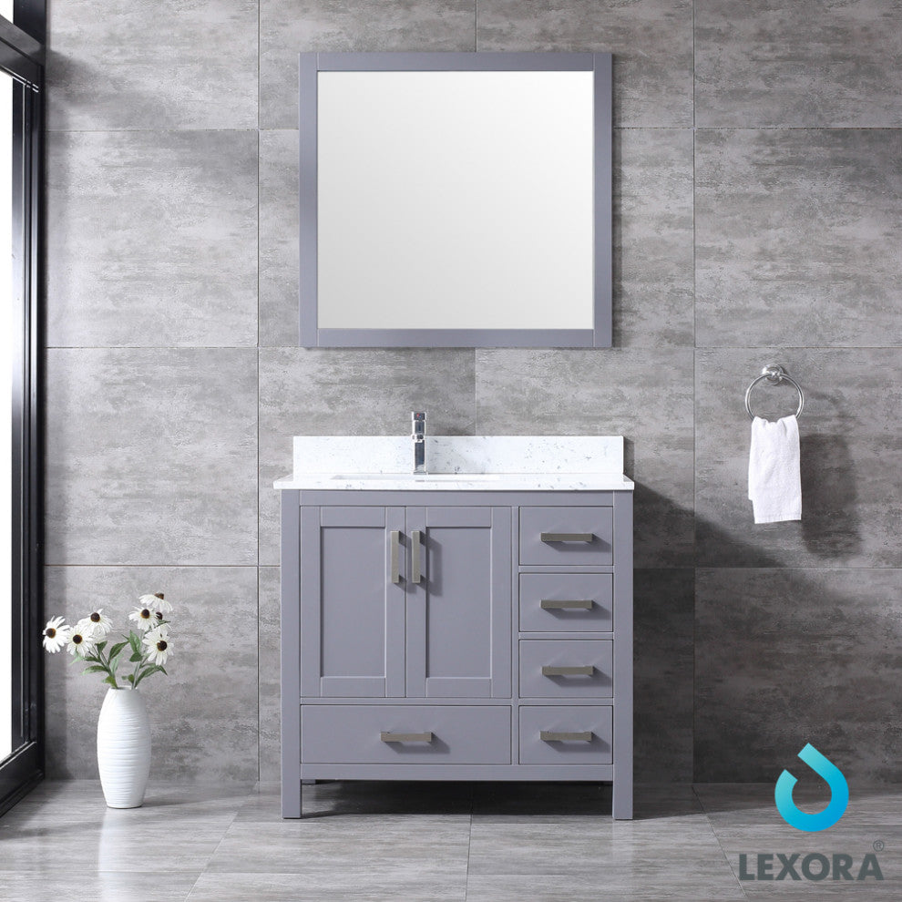 Jacques 36" Dark Gray Single Vanity Carrara Marble Top Sink, 34" Mirror Left