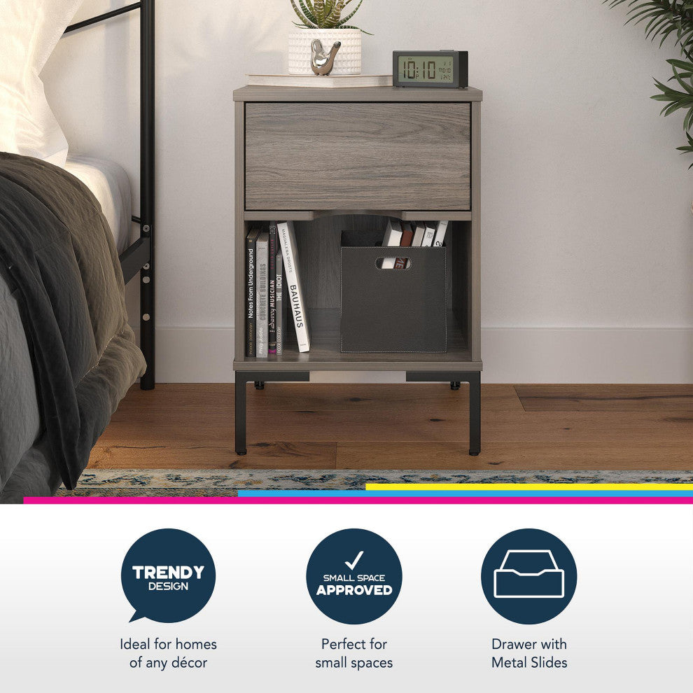 Modern Nightstand, Bottom Open Shelf & Drawer With Cut Out Pull, Weathered Oak