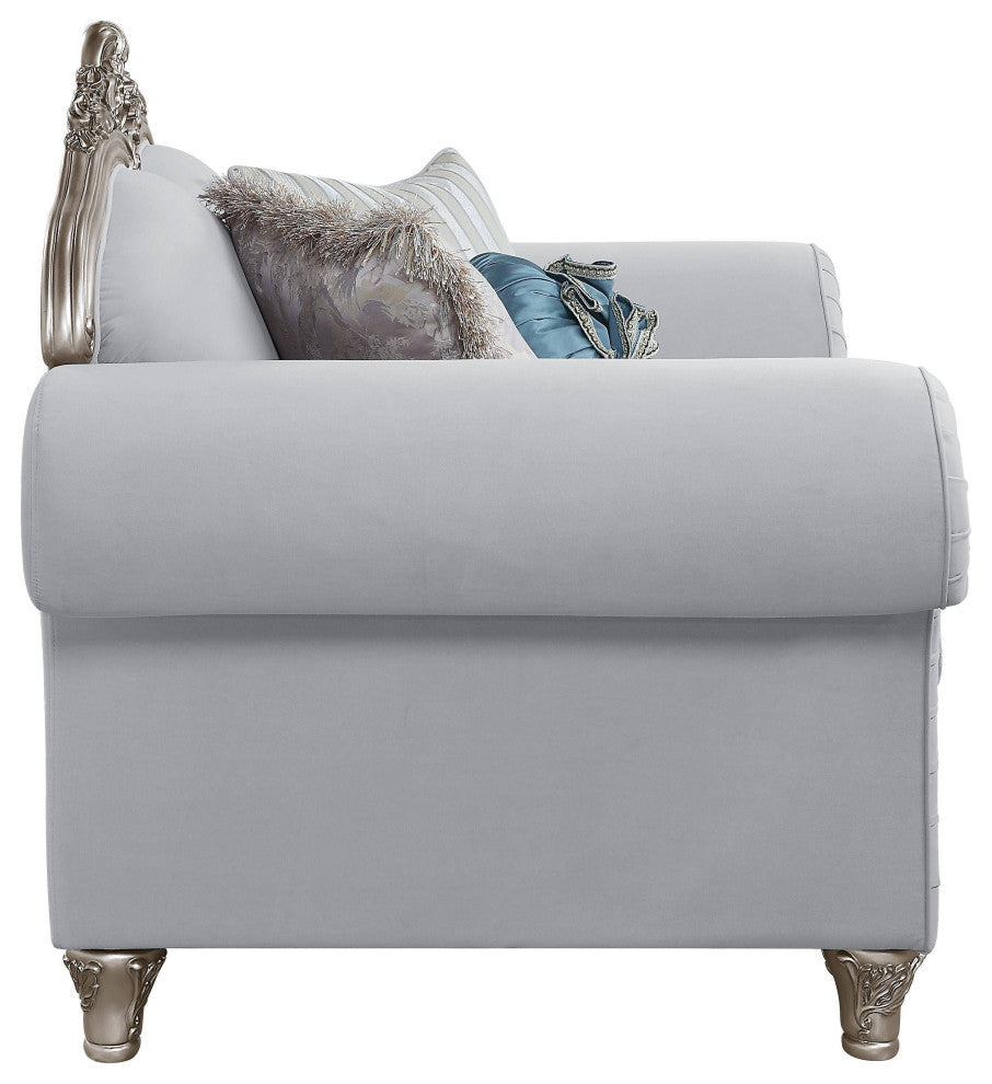 Pelumi Loveseat With5 Pillows, Light Gray Linen and Platinum Finish
