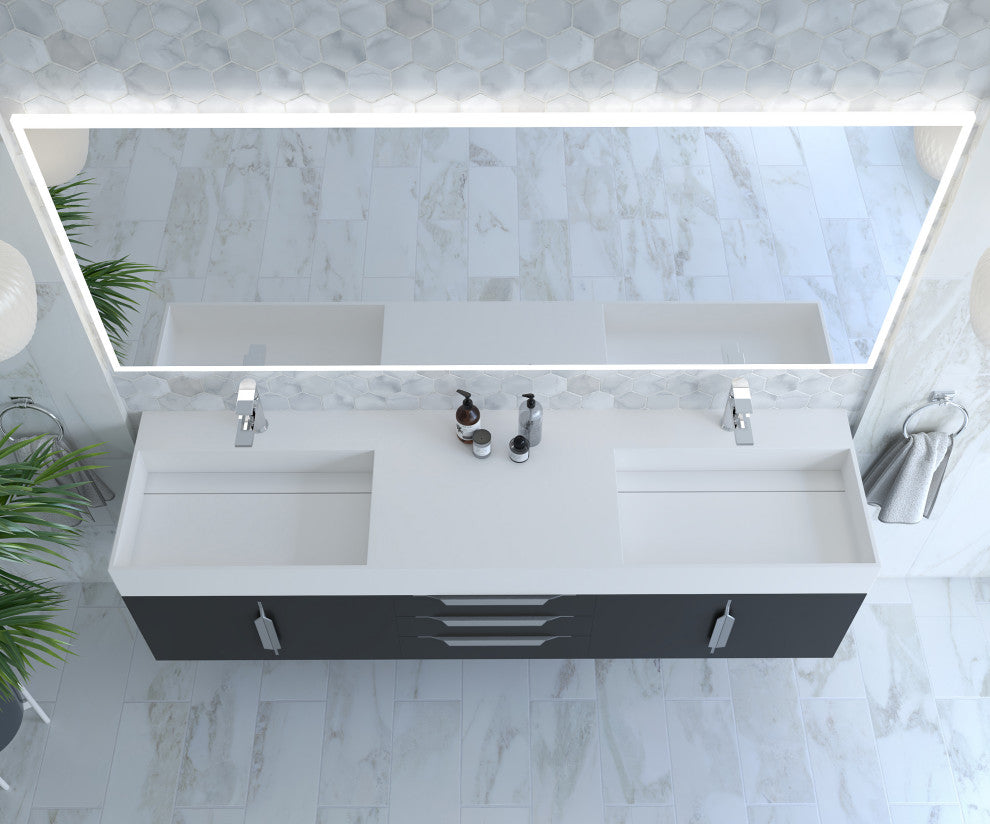 CastelloUSA Amazon 72" Wall Mounted Vanity Set, Black, White Top, Chrome Handles