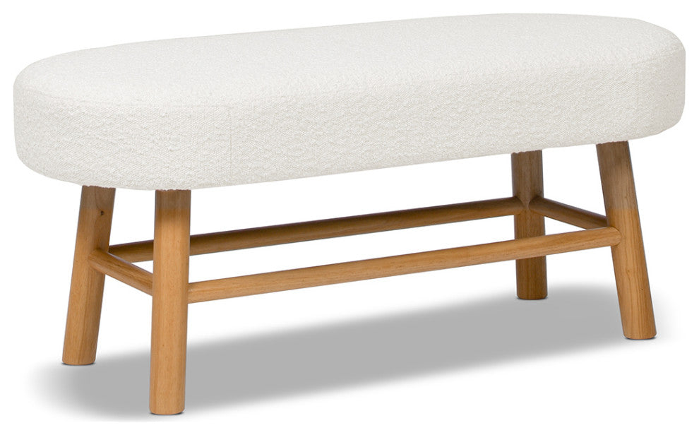 Fuji 42" Upholstered Accent Bench With Natural Wood Legs, Ivory White Boucle
