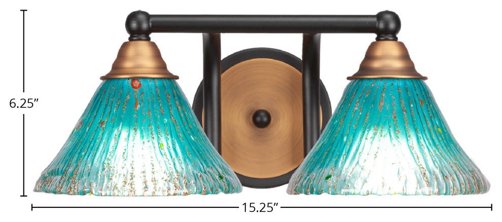 Paramount 2-Light Bath Bar, Matte Black & Brass, 7" Teal Crystal Glass