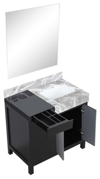 Zilara 36" Black and Grey Vanity, Castle Grey Marble Top, 30" Frameless Mirror