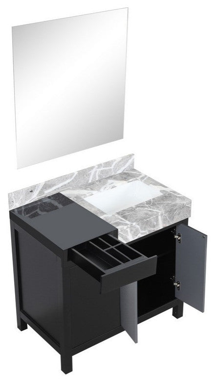 Zilara 36" Black and Grey Vanity, Castle Grey Marble Top, 30" Frameless Mirror