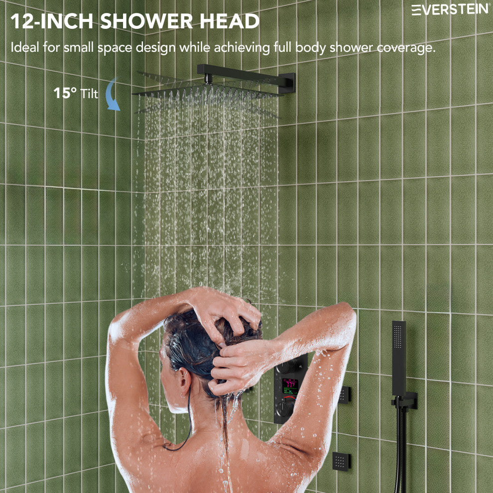 LED Temperature Digital Display Shower System With Body Jets, Matte Black, 12 Inches