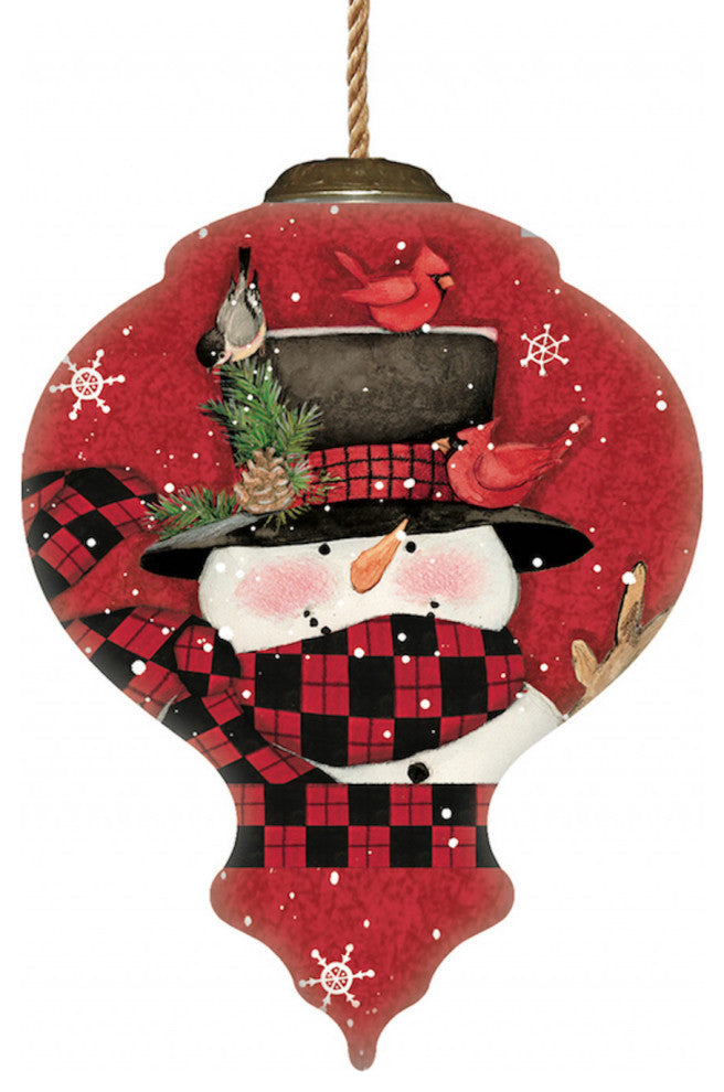 Plaid Snowman and Cardinals Hand Painted Mouth Blown Glass Ornament