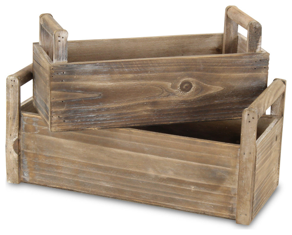 Distressed Wooden Ledge Planters With Handles, Set of 2