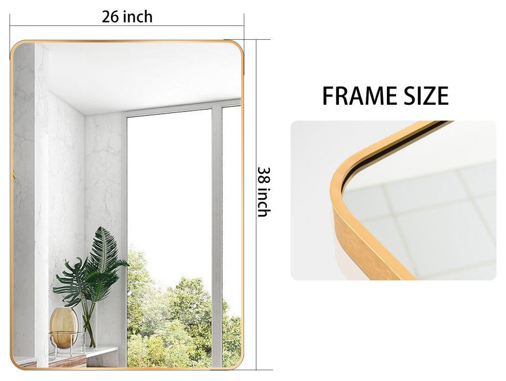 Easly Rectangular Aluminum Alloy Framed Rounded Wall Mirror, Gold, 26*38