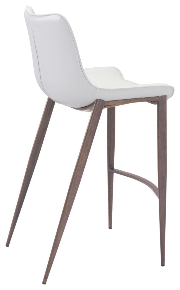 Bar Stool Chair Barstool, Set of 2, Faux Vinyl Leather, Steel, White, Walnut