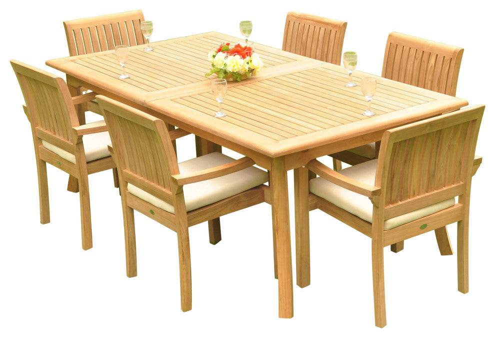 7-Piece Outdoor Teak Dining Set, 117" Rectangle Table & 6 Nain Stacking Chairs
