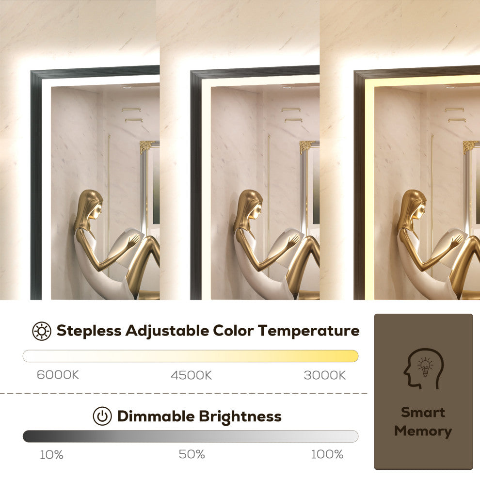 LED Vanity Mirror With Lights Metal Framed Front & Backlit, Dimmable, Black, 55x36