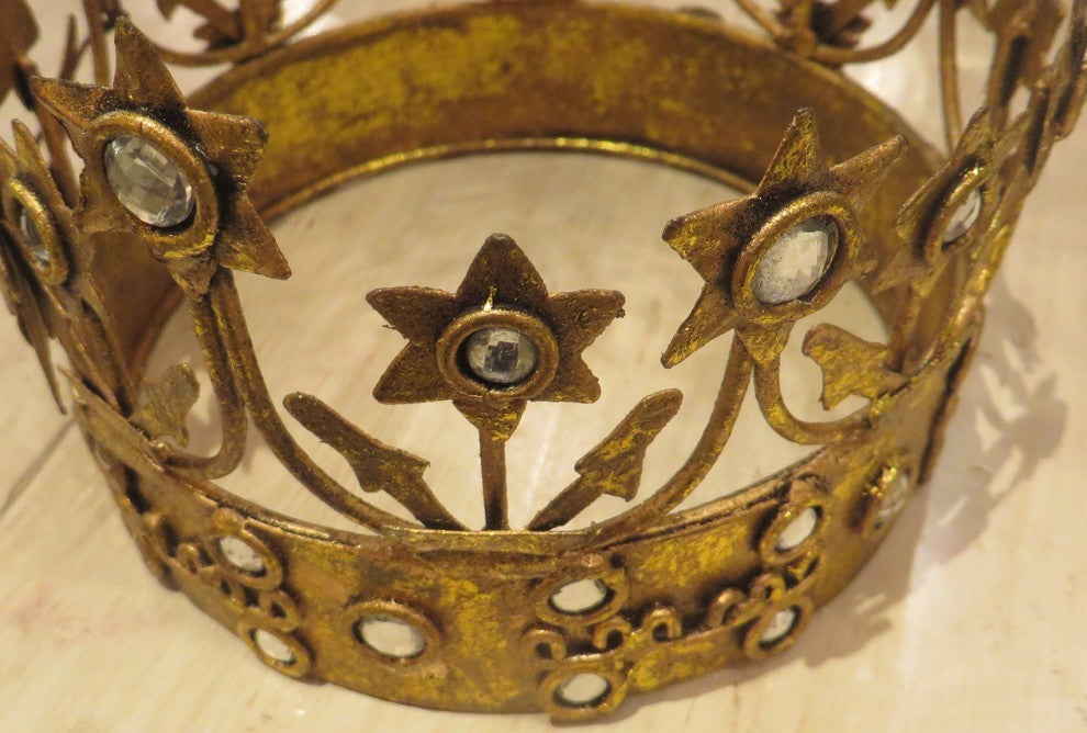 Gold Crown Pillar Candle Holder, Tabletop Metal Jeweled Princess Queen