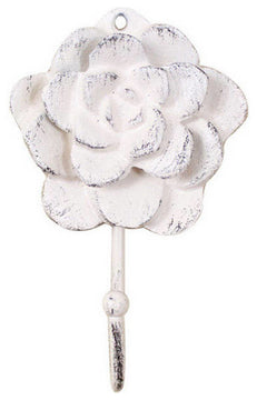 Whitewashed Cast Iron Decorative Rose Hook 7"