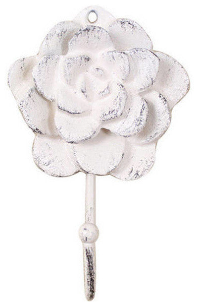 Whitewashed Cast Iron Decorative Rose Hook 7"