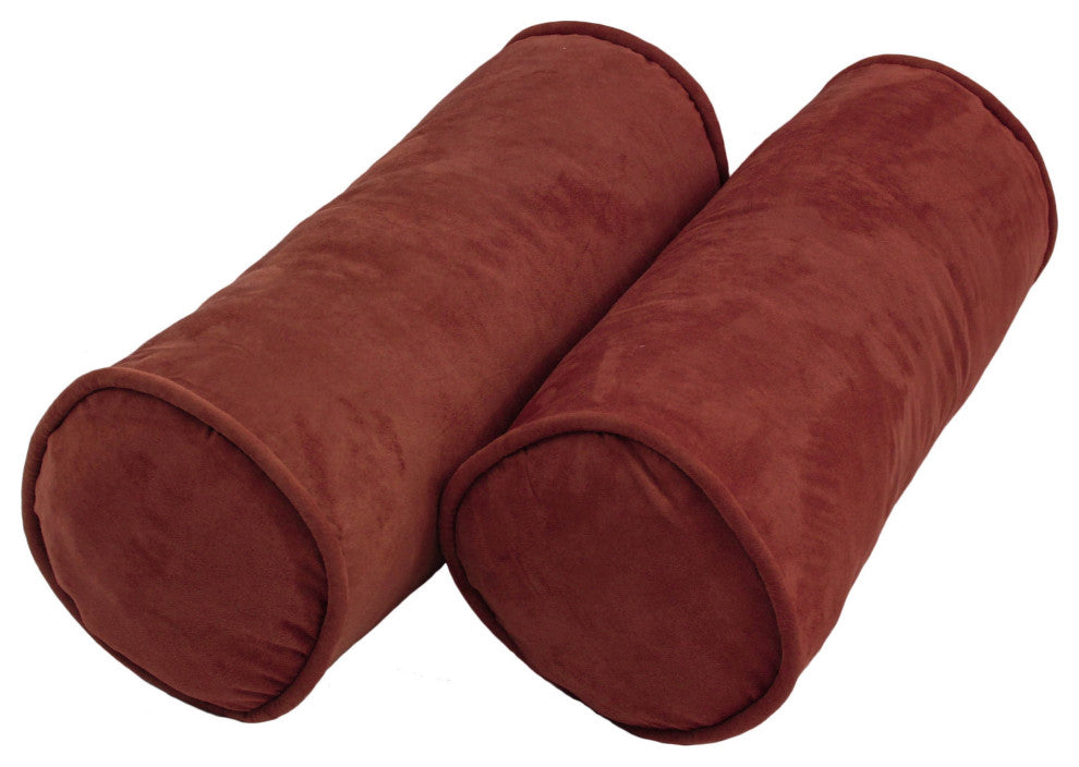 20"X8" Double-Corded Solid Microsuede Bolster Pillows, Set of 2, Red Wine