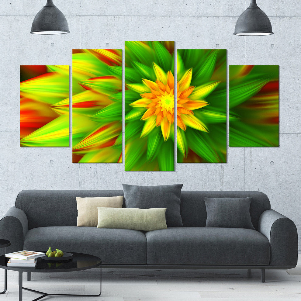 Amazing Dance of Green Petals, Green, Floral Canvas Art Print, 60"x32", 5 Panels