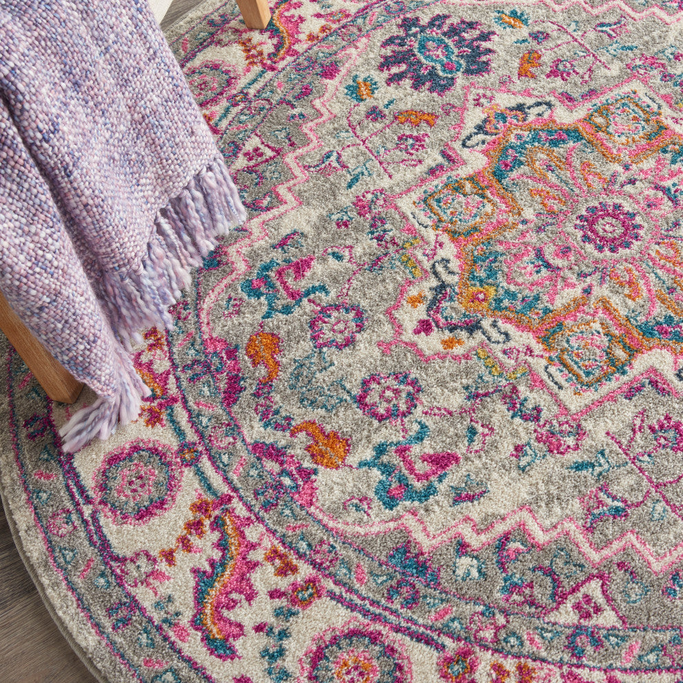 Nourison Passion 5' x Round Light Grey/Pink Bohemian Indoor Area Rug