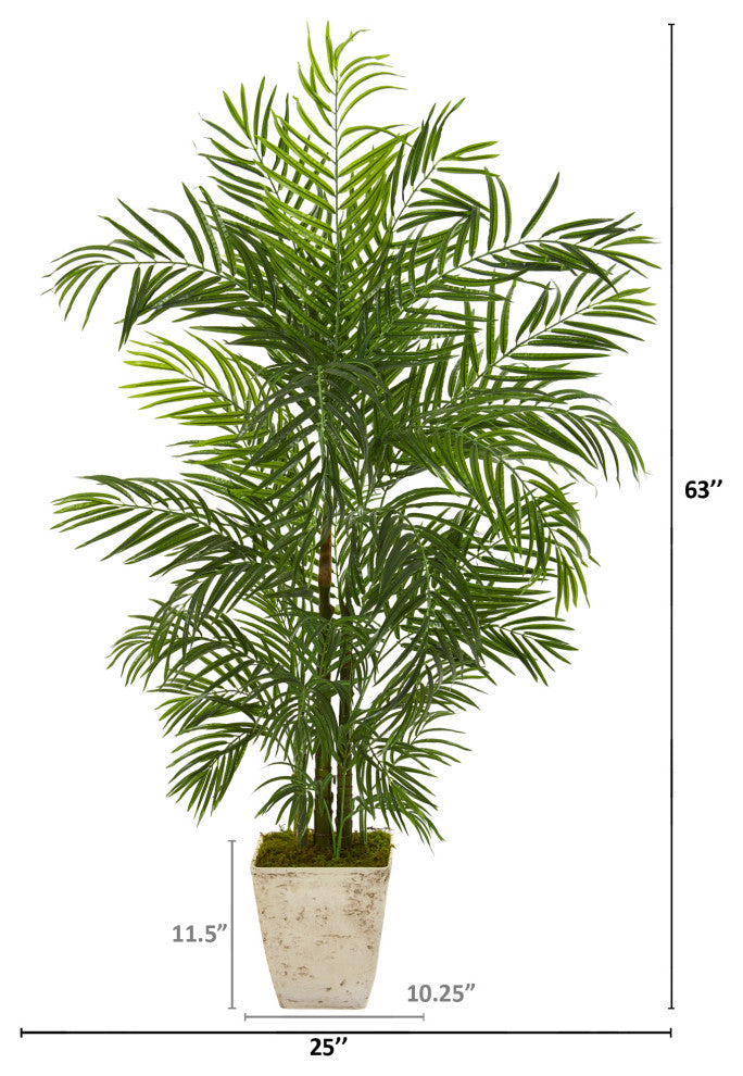63" Areca Faux Palm Tree, Country White Planter UV Resistant, Indoor/Outdoor