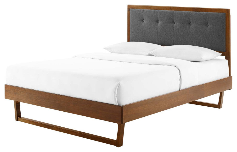 Platform Bed Frame, Queen Size, Fabric, Wood, Brown Walnut Gray, Modern