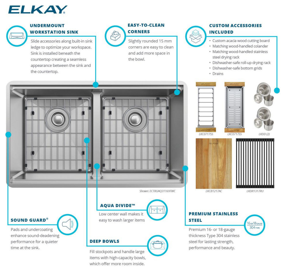 ECTRUAQ31169TWC Elkay Crosstown 18 Gauge Workstation Stainless Steel Sink Kit
