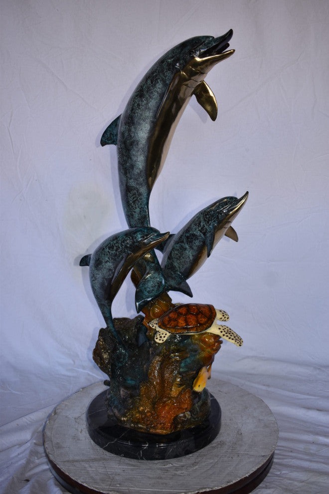 Three Dolphins Swim Next to A Sea Turtle Fountain Bronze Statue 17"x 15" x 38"