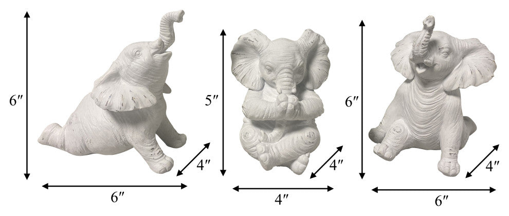 Resin, Set of 3 6" Stone Look Yoga Elephant, White