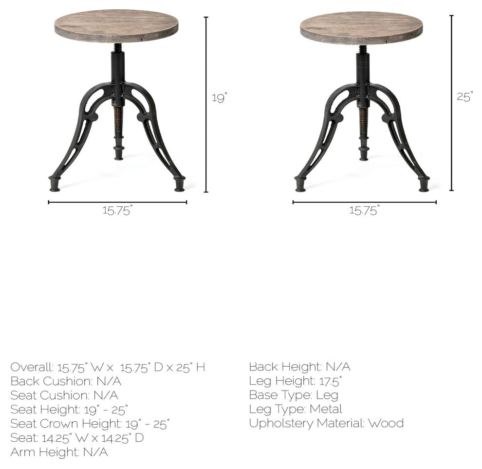Emslie Grey-Brown Wood Seat With Adjustable Black Metal Frame Counter Stool