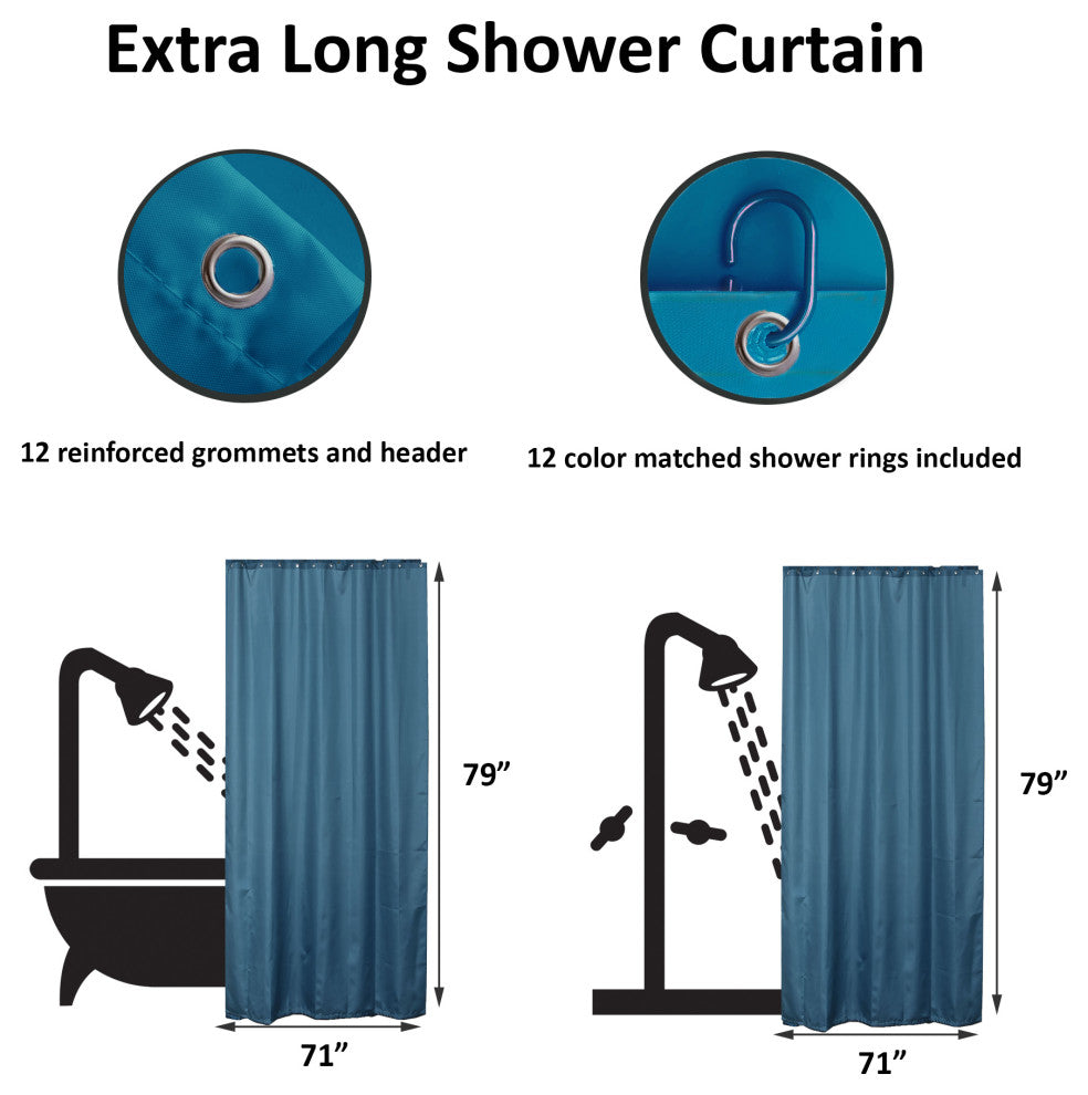 Extra Long Shower Curtain Polyester, 12 Rings, 79"Lx71"W, Tahitian Blue