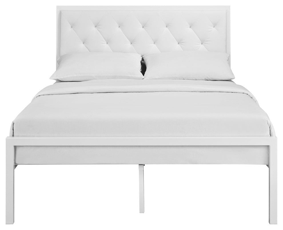 Modern Contemporary Full Size Vinyl Bed Frame, White Faux Leather