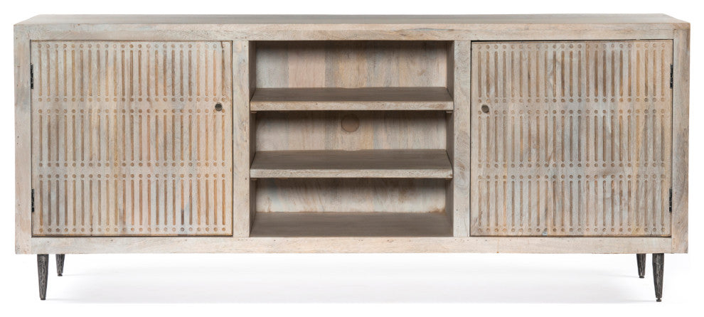 Sarah 2 Door Media Cabinet Mango Solid Wood Brushed Ivory Finish on Iron Base