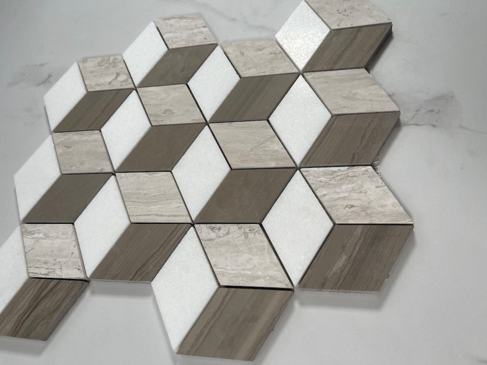 Athens Silver Cream Marble 3D Cube Diamond Geometry Hex Mosaic Tile, 1 sheet