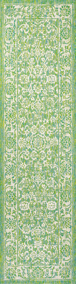 Tela Boho Textured Weave Floral Indoor/Outdoor Rug, Cream/Green, 2 X 8