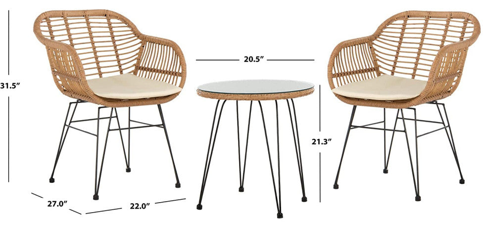 Outdoor Bistro Set with PE Rattan Chairs and Beige Cushions, Light Brown, Brown/White