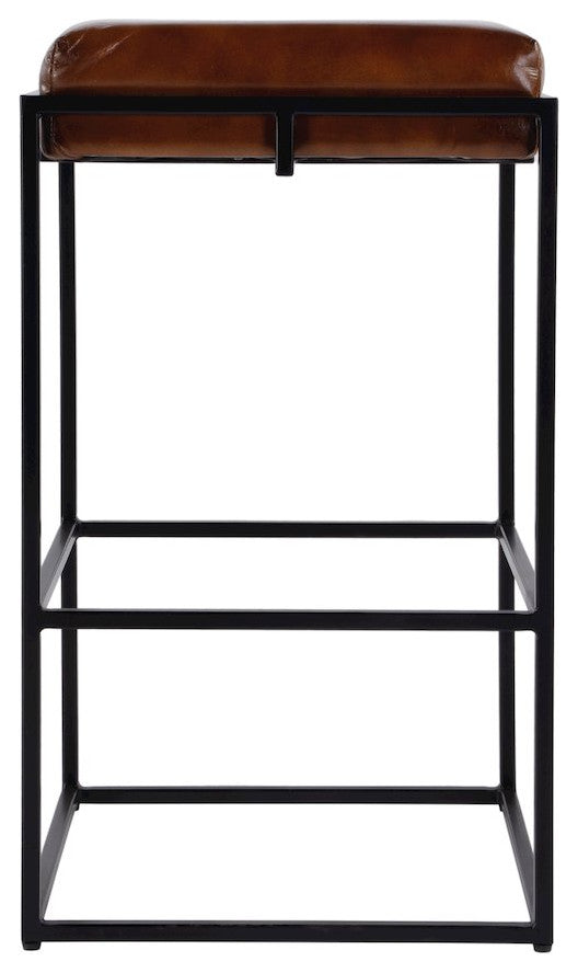 31" Seat Height Leather and Iron Backless Bar Height Stool With Footrest