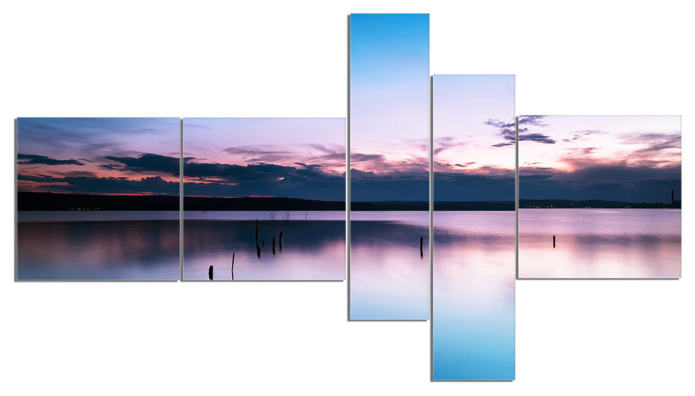 Sunset Over Lake Blue Everywhere, Seashore Canvas Art Print, 60"x32", 5 panels
