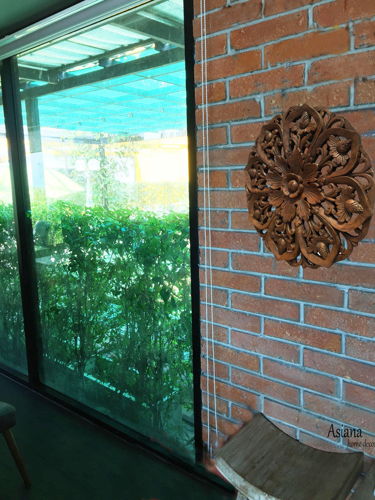 Oriental Bali Round Lotus Flower Carved Wood Wall Art Home Decor 24" Extra Thick
