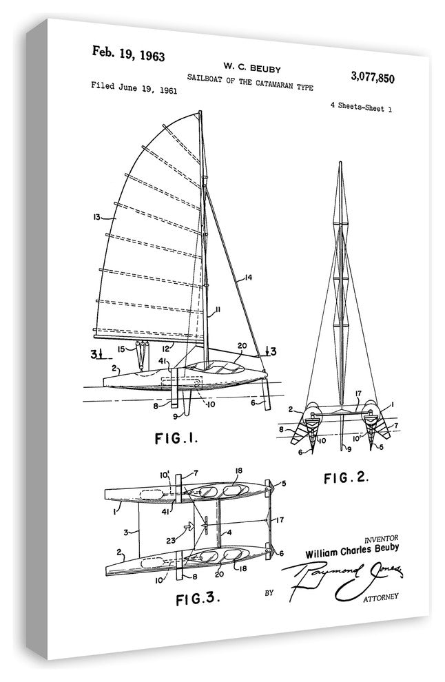 Vintage Sailboat Catamaran Patent 20"x30" Print on Canvas