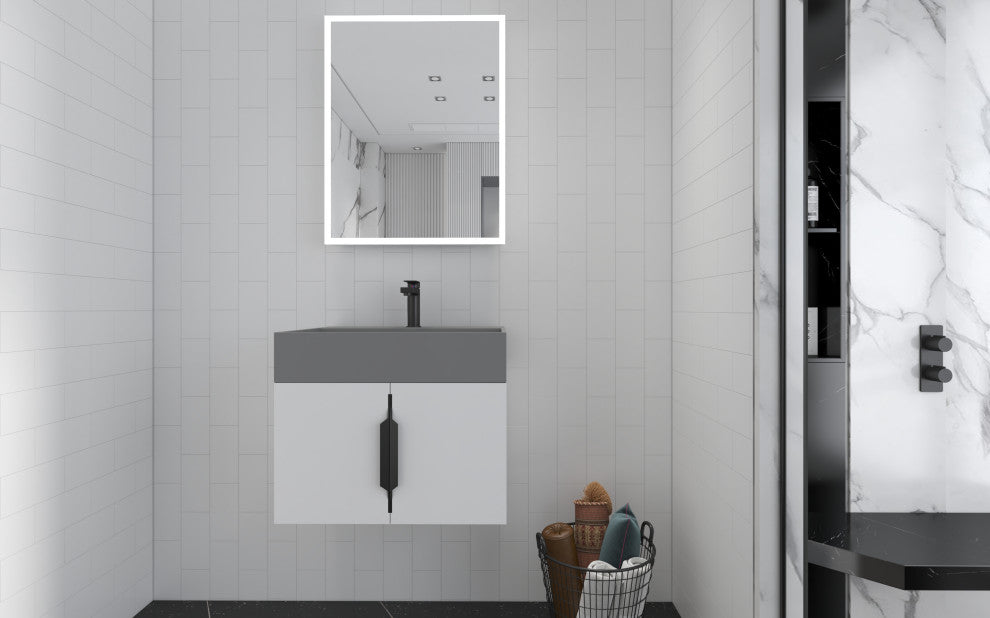 CastelloUSA Amazon 24" Wall Mounted Bathroom Vanity Set, White, Gray Top, Black Handles