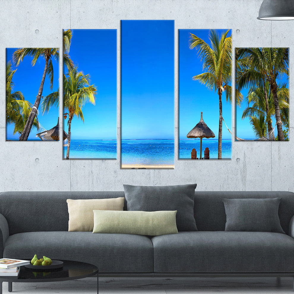 "Mauritius Beach With Chairs" Seashore Canvas Photo Print, 5 Panels, 60"x32"
