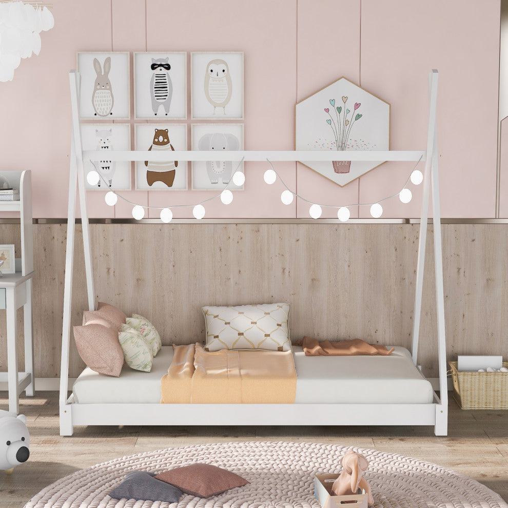 Gewnee Twin Size House Platform Bed with Triangle tructure in White