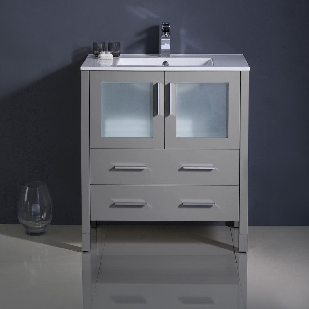 Torino Modern Bathroom Cabinet With Integrated Sink, Gray, 30"