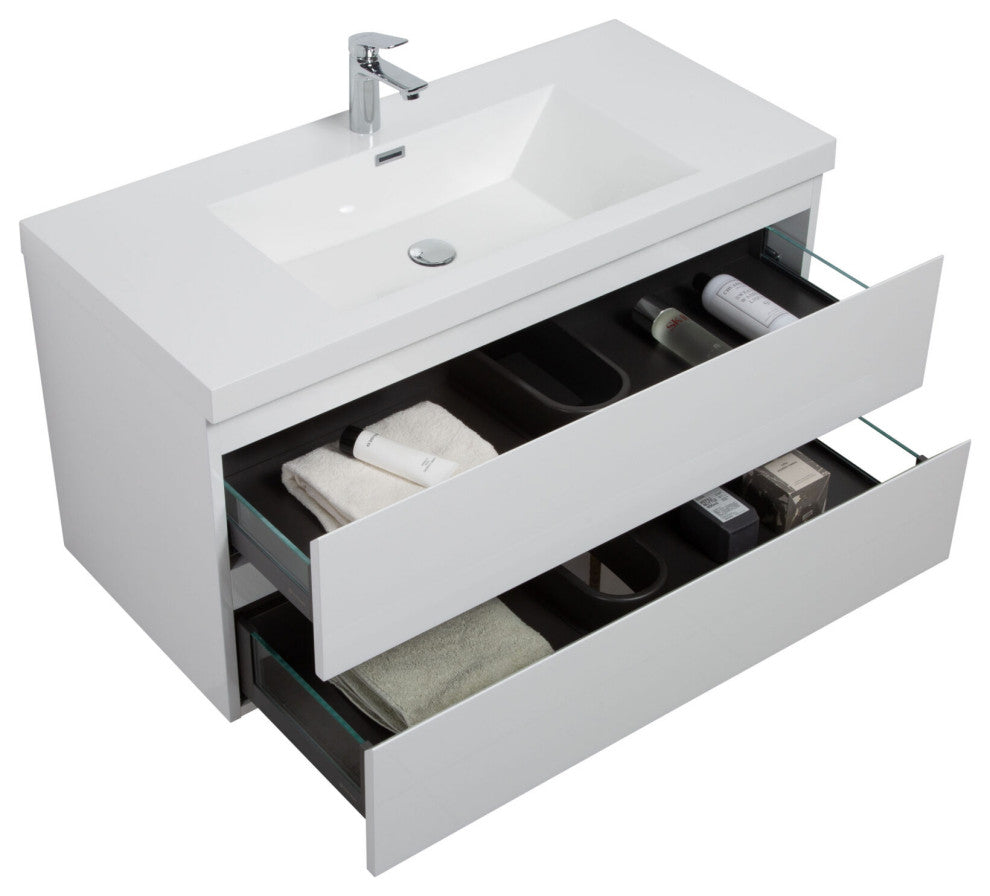 Aurora Wall Mount Vanity, White Acrylic Top, Glossy Polar White, 42"