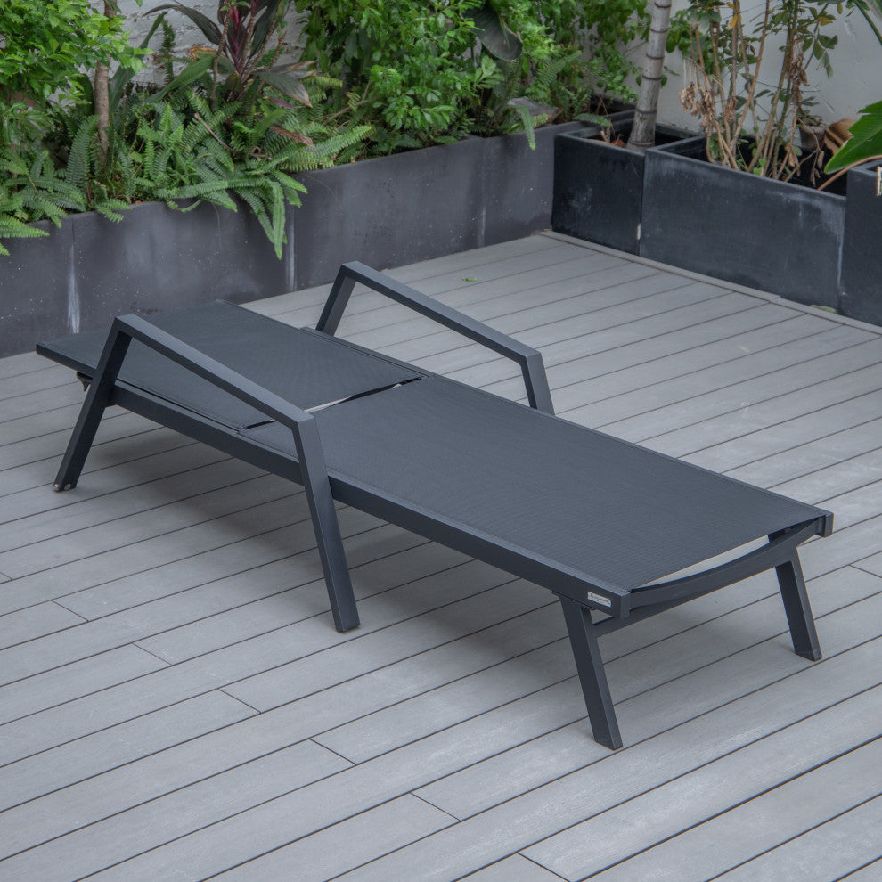 LeisureMod Marlin Outdoor Patio Stackable Chaise Lounge Chair With Armrests, Black